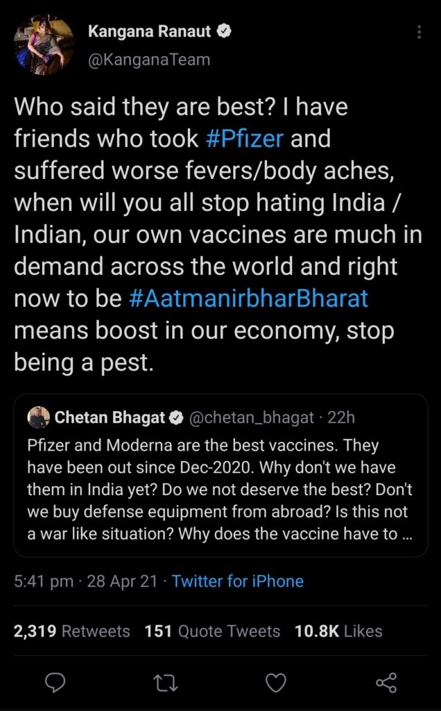 Kangana reply to Chetan Bhagat's Tweet.