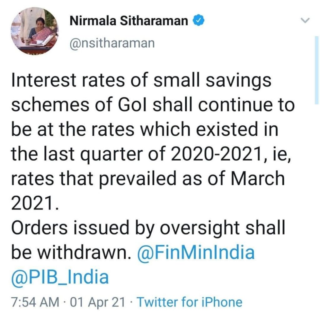 Tweet by Union Finance Minister. 