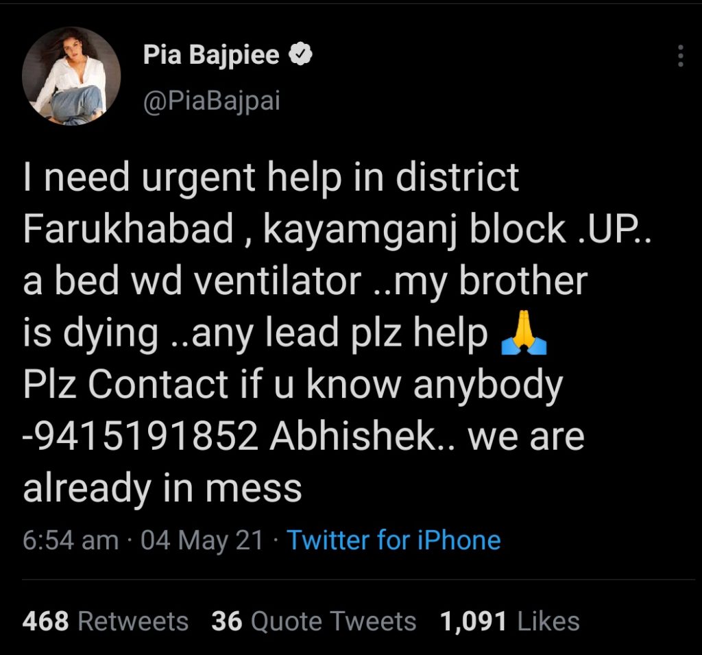 A tweet by Pia Bajpiee.