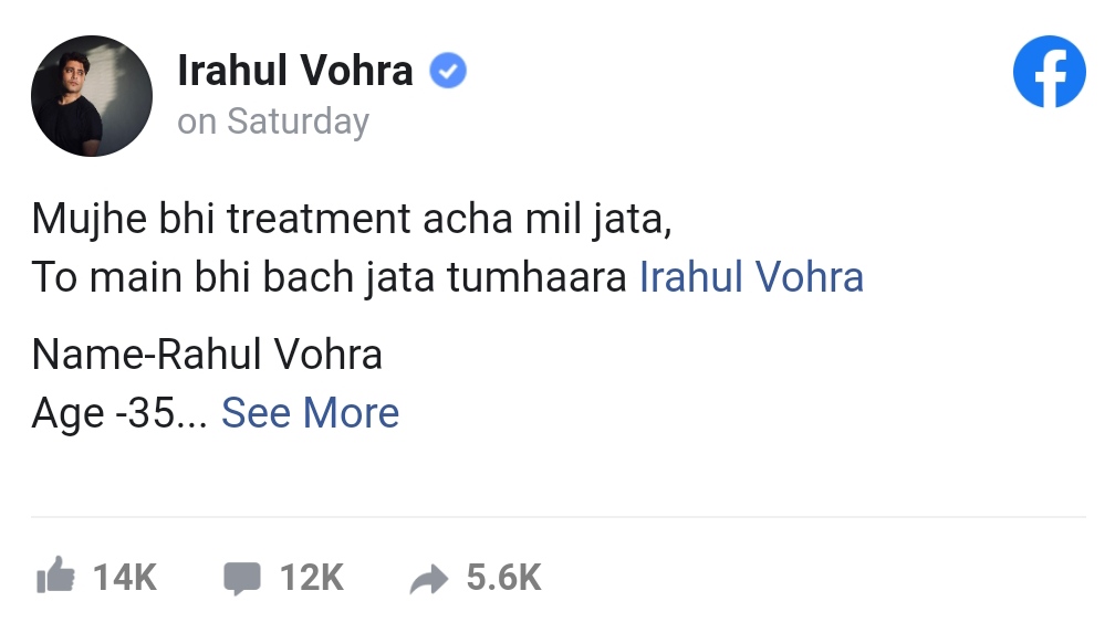 Rahul Vohra's message on Facebook.