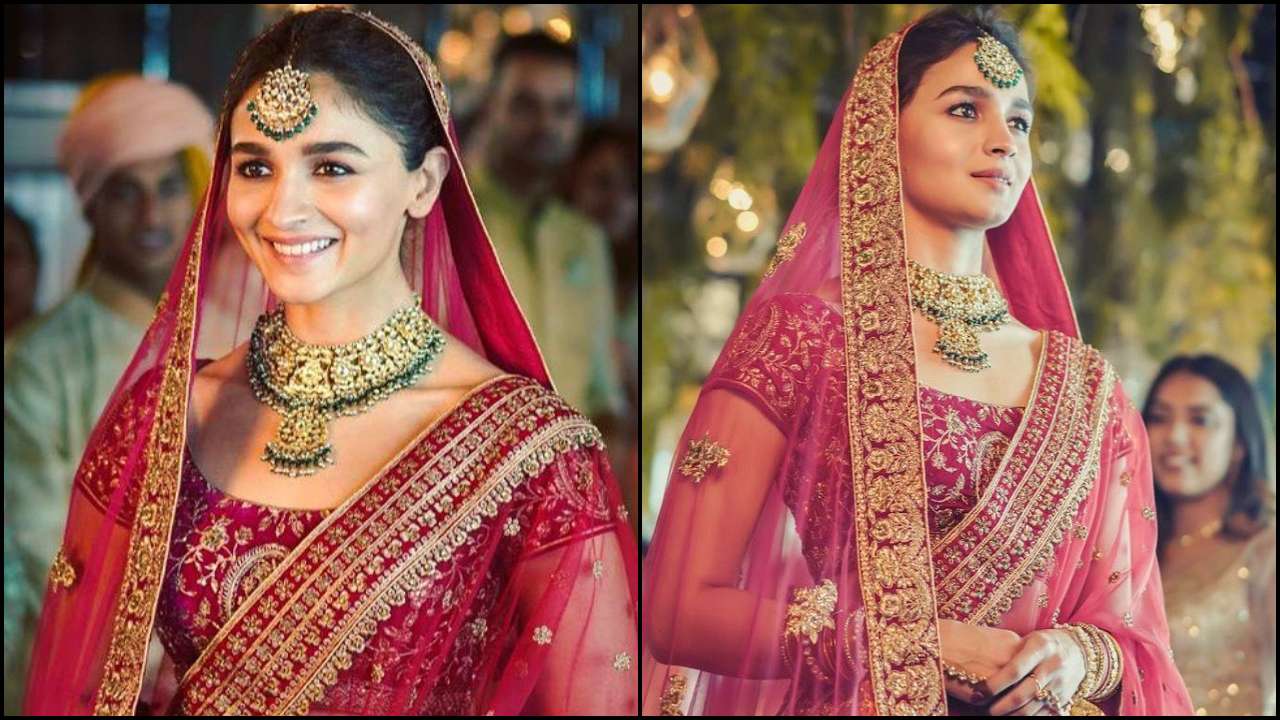 Ali Bhatt in traditional bride avtar, Red Embroidery Lehenga look beautiful on her.