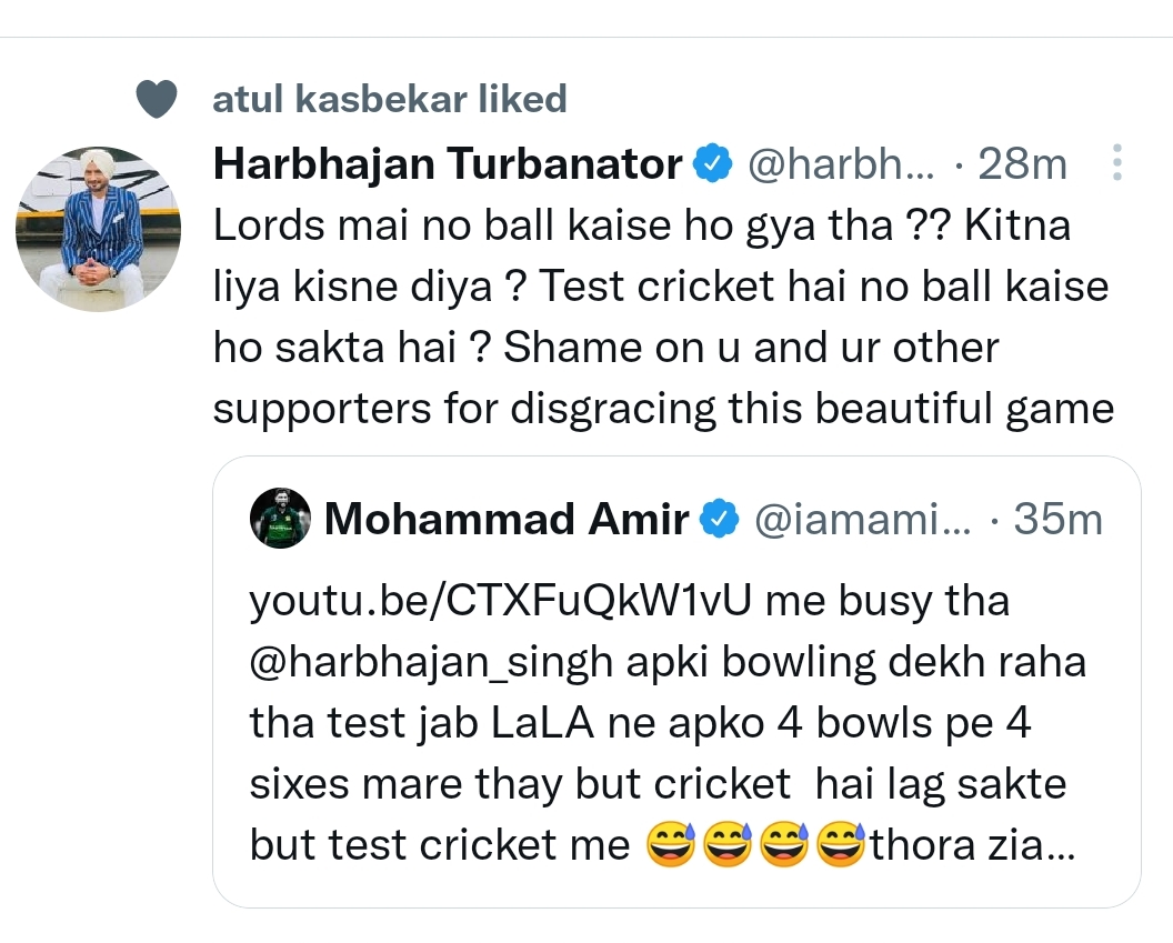 harbhajan singh tweet reply to Amir