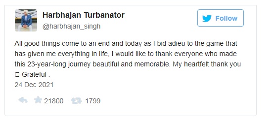 harbhajan singh tweet about his retirement