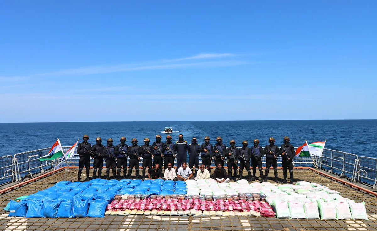 The Navy blocked a small ship, and over 3,089 kg of charas, 158 kg of methamphetamine, and 25 kilograms of morphine valued at ₹ 1,300 crore were seized.