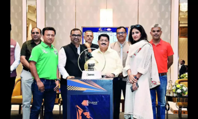 Parimal Nathwani, head of the Gujarat Sports Federation, unveiled the inaugural Gujarat Super League trophy during a ceremony.
