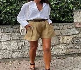 Oversized cotton shirt and cotton blend shorts is perfect casual look for summer outing.